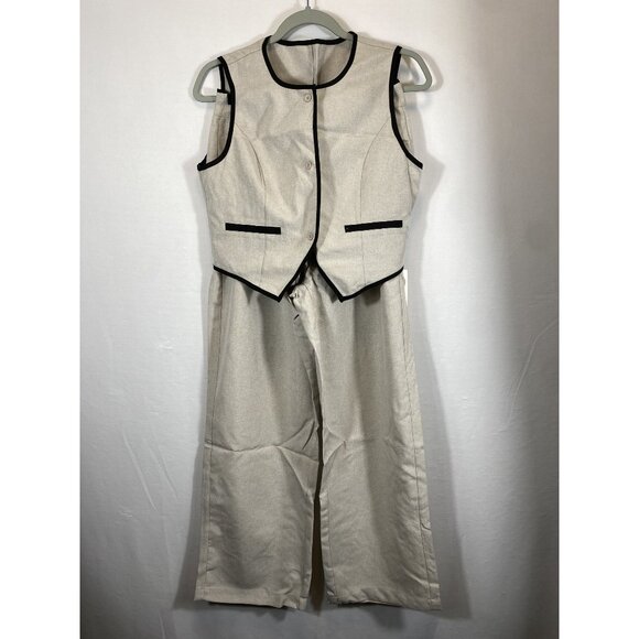 Two-Piece Beige & Black Trimmed Vest & Pants Set  Size M - Picture 1 of 8